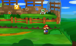 Mario near a bush containing a Coin in Hither Thither Hill of Paper Mario: Sticker Star.